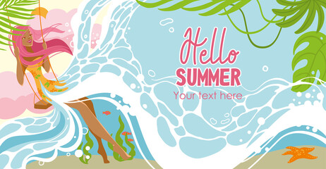 Fototapeta na wymiar Summer scene, young woman sitting on swing on the beach, looking at the sea. Hello summer, background, banner. Vector illustration.
