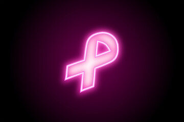 Neon glowing women pink ribbon icon sign on black background