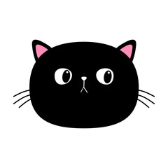 Black cat kitten face head icon. Cute kawaii baby pet animal. Cartoon character. Pink ears. Notebook cover, tshirt, greeting card print. Flat design. White background.