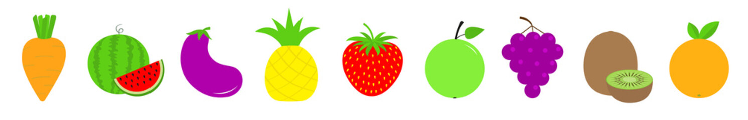 Fruit vegetable berry food icon set line. Carrot, watermelon, eggplant, pineapple, strawberry, apple, grape, kiwi, orange. Cute cartoon kawaii decoration element. Flat design. White background.