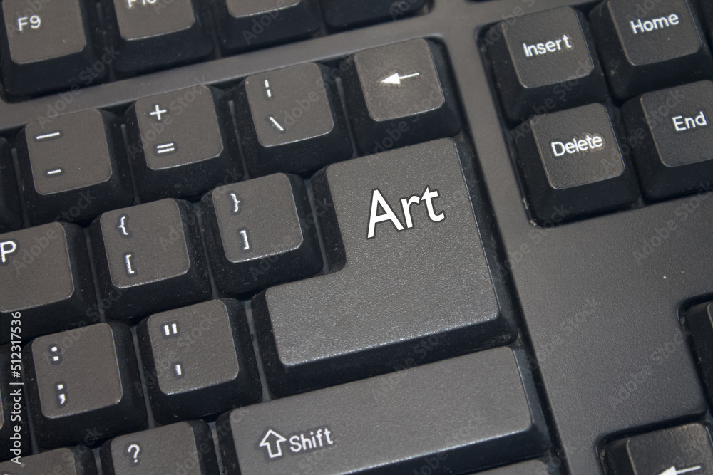 Fototapete black computer keyboard with art text. close-up of an electronic computer device part, keypad.