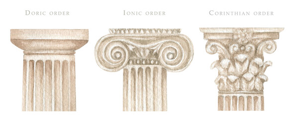 Watercolor antique column corinthian ionic doric order, Ancient Classic Greek pillar set, Roman Columns, Architecture facade elements Realistic drawing illustration isolated on white background