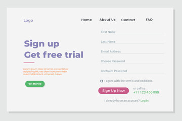 Sign up get a free trial flat website landing page concept ui design