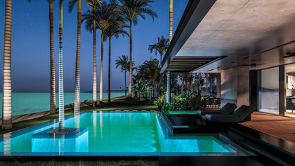 3d rendering of modern cozy house with parking and pool for sale or rent with wood plank facade by the sea or ocean. Starlight night by the azure coast with palm trees and flowers in tropical island