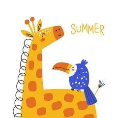 Summer card with giraffe and toucan. Kids print. Vector illustrations © 210484kate