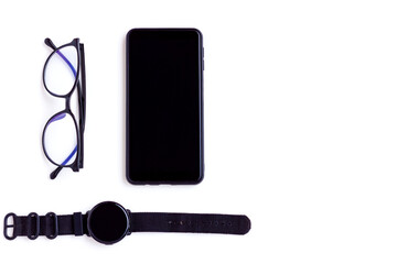 Smartphone,Smartwatch and Eyeglasses on White background