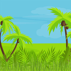 Fototapeta na wymiar Tropical landscape. Background with palm trees and tropical plants.