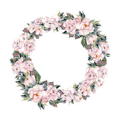 Round wreath with pink flowers watercolor illustration
