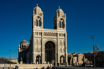 France. Bouche-du-Rhone (13) Marseille. The Cathedral of Sainte-Marie-Majeure, called La Major. La Major was built in the neo-Byzantine style between 1852 and 1893 to plans by architect Leon Vaudoyer - obrazy, fototapety, plakaty