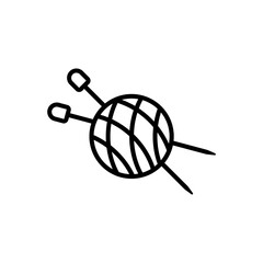 Knitting needles and a ball of thread. Simple minimal icon and logo design. Vector illustration on white background.