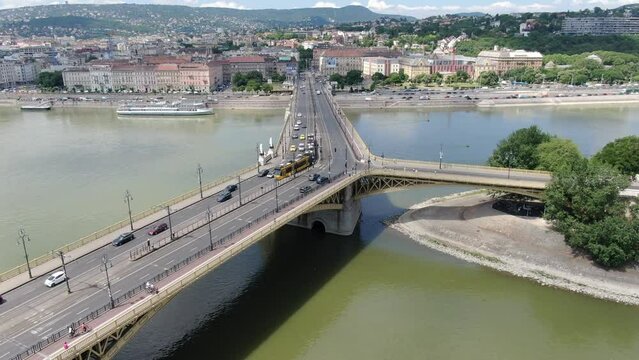Drone over Margaret bridge (Margit hid) in Budapest, Hungary