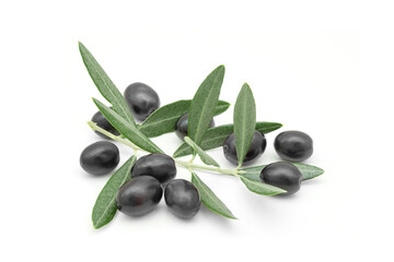 ripe black olives with leaves isolated on a white background 