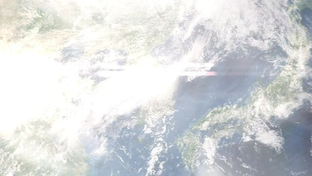 Earth zoom in from outer space to city. Zooming on Chungju, Chungcheongbuk-do, South Korea. The animation continues by zoom out through clouds and atmosphere into space. Images from NASA