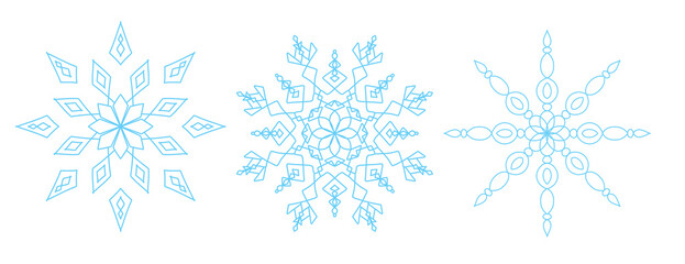 Fototapeta premium Set of three blue silhouette of Christmas snowflakes isolated on white background.