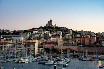 France. Bouche-du-Rhone (13) Marseille. The old port of Marseille in the background the Basilica of Notre Dame de la Garde