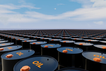 Million barrels of crude oil drums, fossil fuel and gasoline in container under clear sky. 3D Rendering