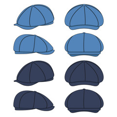 Set of color illustrations with peaked cap, forage cap, kepi. Isolated vector objects on white background.