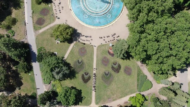 Drone shot of a musical fountain on Margaret island in Budapest, Hungary