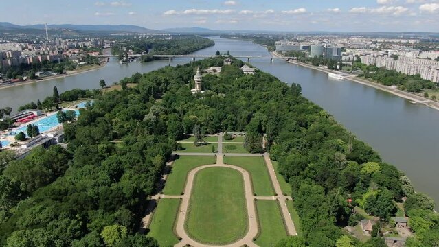 Aerial view of rose garden in park on Margaret island in Budapest, Hungary