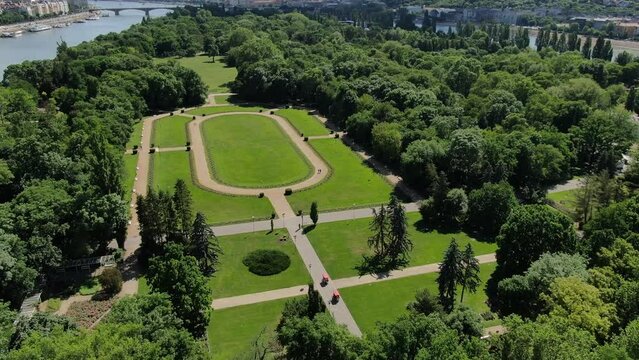 Drone shot of rose garden in park on Margaret island in Budapest, Hungary