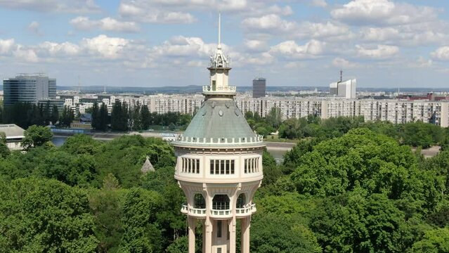 Drone shot of a water tower on Margaret island (Margitsziget), Budapest, Hungary