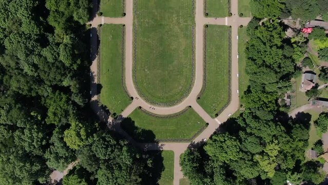 Flight over rose garden in park on Margaret island in Budapest, Hungary
