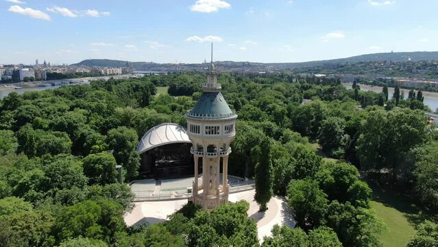 Aerial view of water tower on Margaret island (Margitsziget), Budapest, Hungary