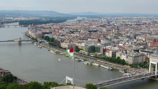 Hungarian Flag and aerial panorama of Budapest, Hungary