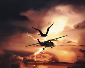The Thunderbird of Native American myth attacking a small plane with a storm in the distance - obrazy, fototapety, plakaty