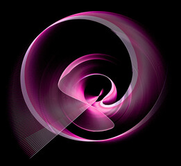 Abstract purple striped propeller consists of blades of various shapes and rotates on a black background. Symbol, sign, icon, logo. 3d illustration. 3d rendering.