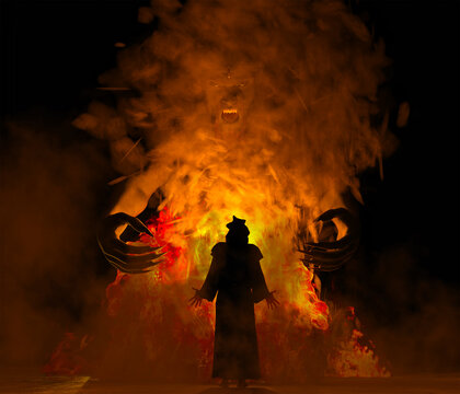 A man in a black robe standing before fire from which a giant demonic figure or Djinn is emerging