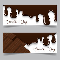 Chocolate day social media banner design, with melted chocolate and chocolate bars for social media advertising