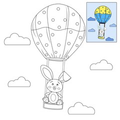 coloring book for children, bunny, bunny in a balloon, sky, clouds, joyful bunny, development