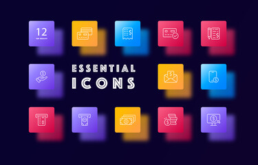 Contactless payment set icon. Coin, money, spam, salary, online store, successful payment, mailing list. cashback concept. glass morphism style. Vector line icon for Business and Advertising
