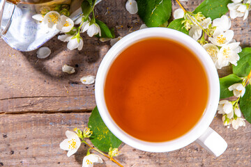 Herbal jasmin flower tea. Jasmine green tea in glass teapot and white tea cup, with fresh jasmin blossom