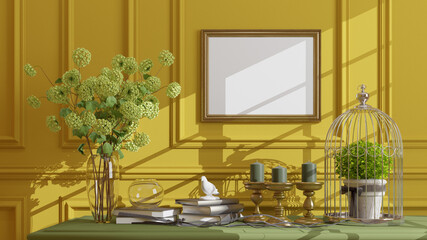 Poster, Mock-up frame for painting in dark green home interior with beige sofa, fur, table and flower in vase, 3d render, yellow wall living room with plants
