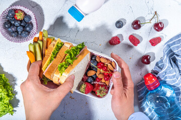 Back to school. Mother female hands making kids school lunch box with fresh fruits, berry, yogurt, healthy sandwich, vegetable snacks. White kitchen marble table copy