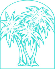 Fototapeta premium Palm tree with green leaves. Exotic tropical jungle hot summer holiday, Travel outdoor to south in nature forest to spa relax. Hand drawn retro vintage vector illustration. Old style cartoon drawing.
