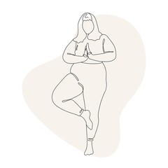 Line art illustration of Body Positive Yoga. Plus size and Body Positive woman do Yoga. Love yourself. One Line vector illustration.
