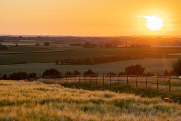 Fototapeta premium A golden sunset over the rolling hills in Banholt, south Limburg in the Netherlands creating holiday vibes. The views and the warm glow over the landscape create a feeling of being in the Mediterranea