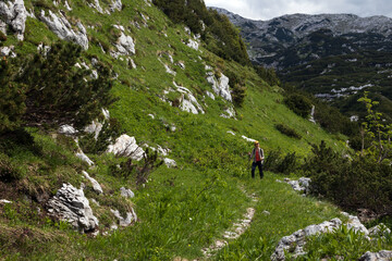 Fototapeta na wymiar Female Adult Hiker Solo Ascent on Alpine Trail Footpath of World War One in Slovene Julian Alps