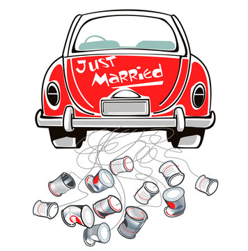 Just married. Vector illustration of a vintage red car with empty cans, drawing on the back side.