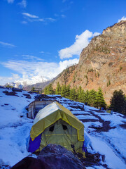 View from Kheerganga Campsite, Snowy mountain Parvati Valley, Dauladhar Range, Himachal Pradesh, India
