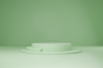 3D rendering podium scene green background with geometric shapes, stand on floor