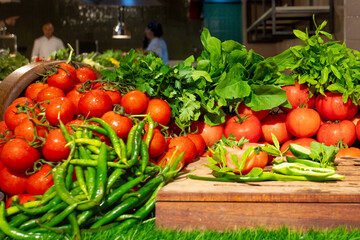 Vegetarian food. Healthy eating. Food industry. Dining table. Healthy meal.Smorgasbord in hotel on vacation 