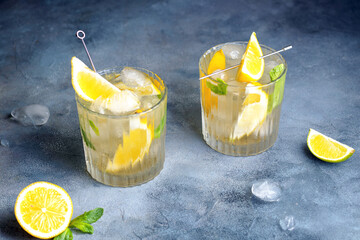 citrus lemonade with mint and lemon in the glass with ice cubes.