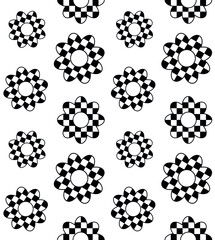 Vector seamless pattern of flat flower with checkered chessboard texture isolated on white background