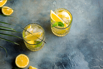 citrus lemonade with mint and lemon in the glass with ice cubes.