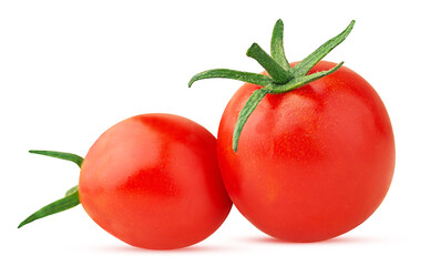 Two fresh red tomato with green leaves