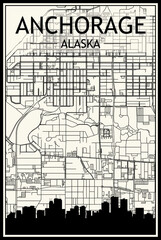 Light printout city poster with panoramic skyline and hand-drawn streets network on vintage beige background of the downtown ANCHORAGE, ALASKA